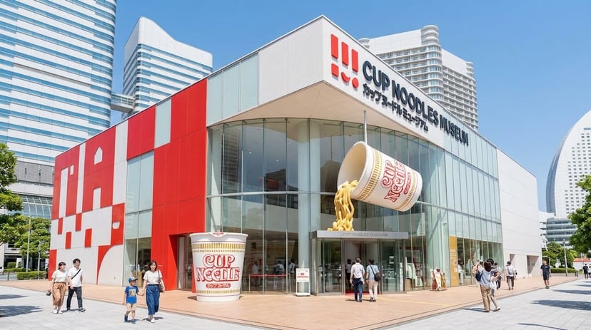 The modern entrance facade of Cup Noodles Museum Yokohama with giant noodle cup installation