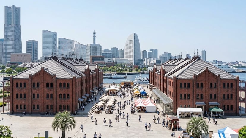 Historic red brick warehouse buildings with a bustling central plaza and market stalls.