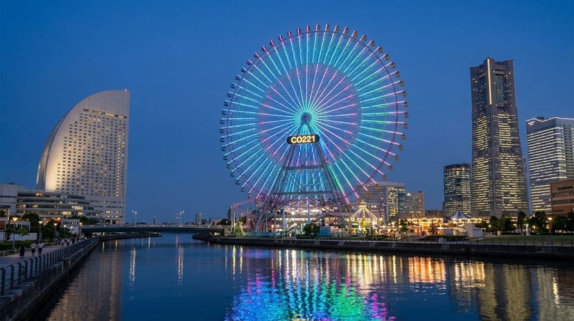Giant Cosmo Clock 21 Ferris wheel illuminated at night reflecting on the harbor water.