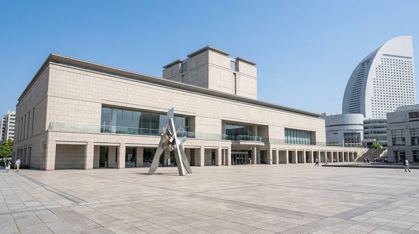 Modern grand entrance and stone architecture of the Yokohama Museum of Art on a sunny day.