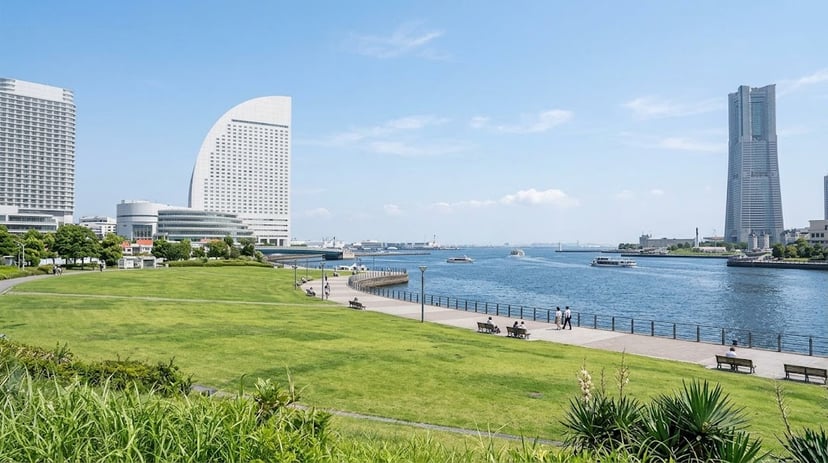 Wide open green lawn at Rinko Park facing the blue waters of Yokohama Port.