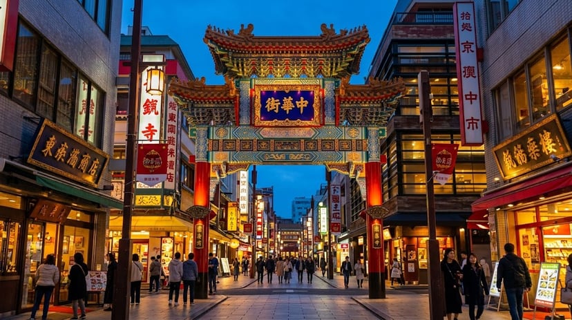 Colorful traditional ornate Chinese gate marking the entrance to Yokohama Chinatown at dusk.