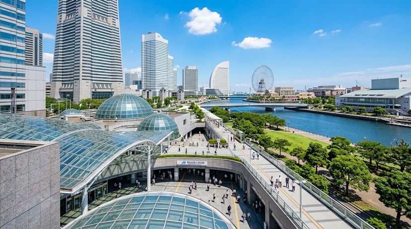 A modern central Minato Mirai area view near Minatomirai Station, showing Queen's Square and the Yokohama Landmark Tower under a blue sky