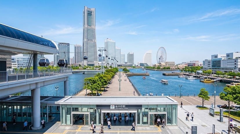 A panoramic view from Sakuragicho Station area, showing the Yokohama Air Cabin cable car crossing over the harbor towards the Yokohama Landmark Tower on a bright day.