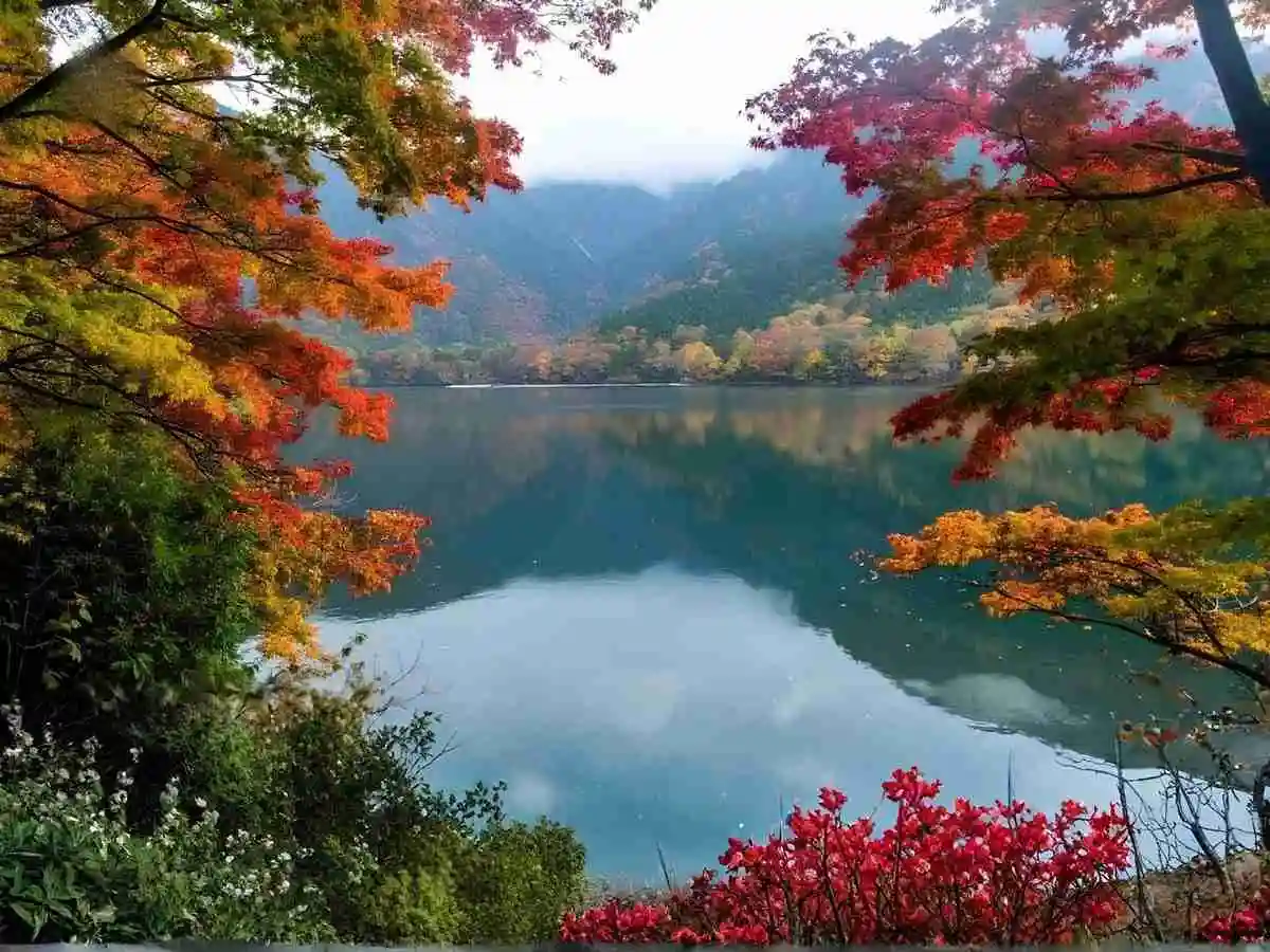 Lake Chuzenji autumn landscape in Nikko National Park with colorful fall foliage