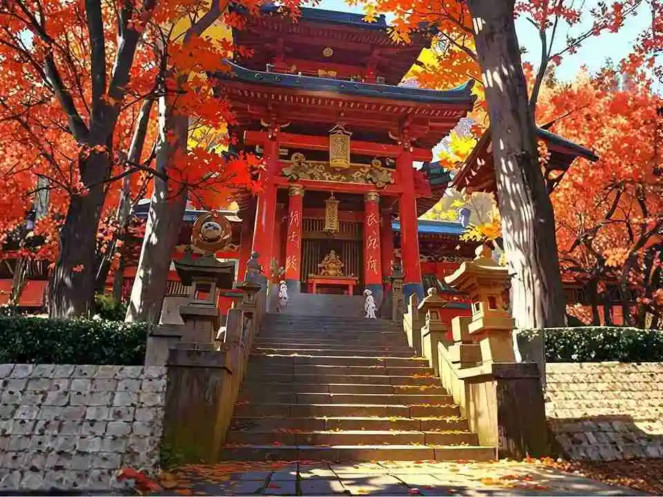 Nikko Toshogu shrine entrance surrounded by vibrant autumn foliage in Japan